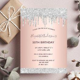 Small Birthday Party Rose Gold Silver Glitter Drips Pink Invitation Front View
