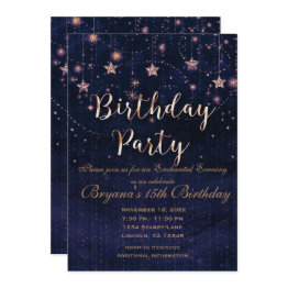 Small Birthday Party Starry Night Whimsical Purple Gold Invitation Front View