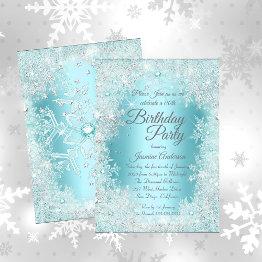 Small Birthday Party Teal Blue Silver Winter Wonderland Invitation Front View