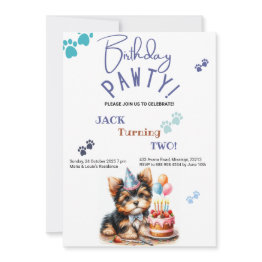 Small Birthday Pawty Yorkshire Terrier Dog Birthday Invitation Front View