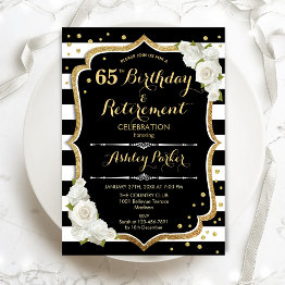 Small Birthday & Retirement Party - Black White Gold Invitation Front View