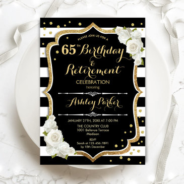 birthday & retirement party - black white gold invitation
