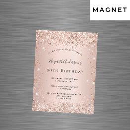 Small Birthday Rose Gold Blush Glitter Magnet Invitation Front View
