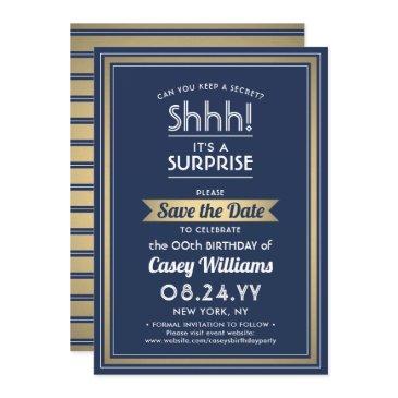 birthday surprise party navy blue, white and gold save the date