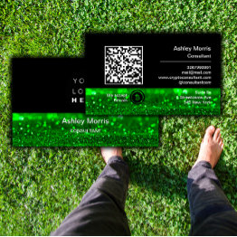 Small Bit Me Qr Code We Accept Bitcoins Green Glitter Business Invitations Front View