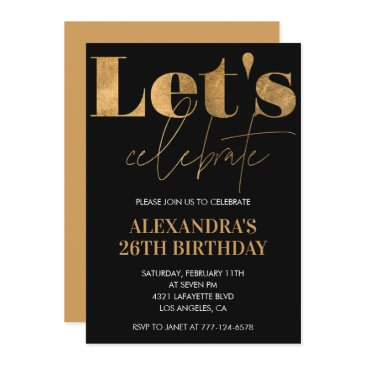 black 26th birthday invitations gold elegant
