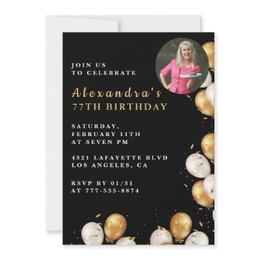 black 77th birthday invitation gold balloon photo