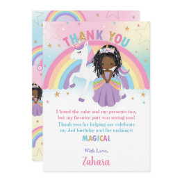 Small Black African Princess Rainbow Unicorn Birthday Thank You Invitations Front View
