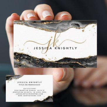 black agate gold glitter monogram script business invitations