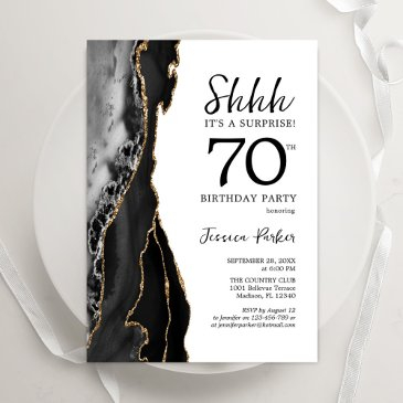 black agate white gold surprise 70th birthday invitation