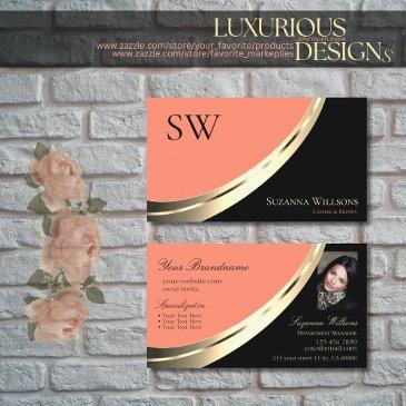 black and coral gold decor with monogram & photo business invitations
