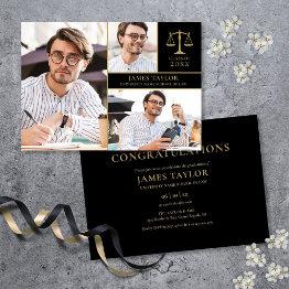 Small Black And Gold 3 Photo Law School Graduation Party Invitation Front View