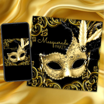 black and gold feather mask masquerade party invitation