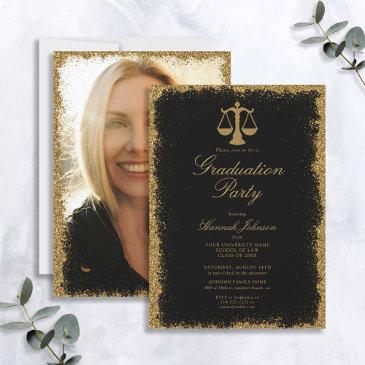black and gold glitter law school photo graduation invitation