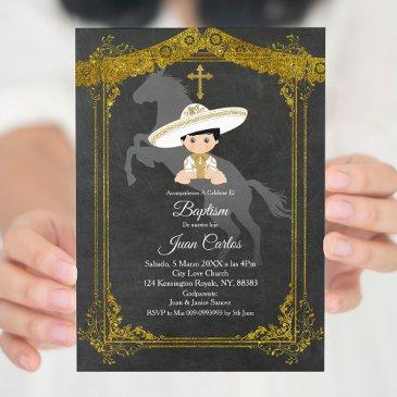 black and gold mexican baptism invitation
