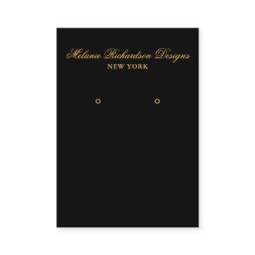 black and gold script earring display invitations
