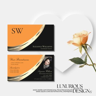 black and orange gold decor with monogram & photo business invitations