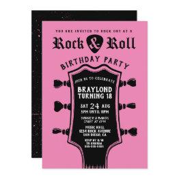 Small Black And Pink Rock N Roll Guitar Invitation Front View