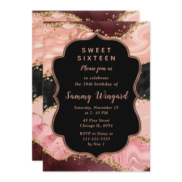 black and pink sequins agate sweet sixteen invitation