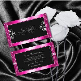 Small Black And Pink Sparkle Diamonds Ornaments Monogram Business Invitations Front View