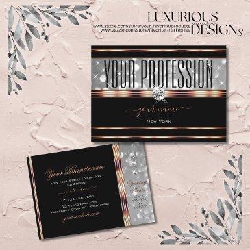 black and silver glitter diamonds rose gold border business invitations