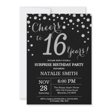 black and silver surprise 16th birthday diamond invitation