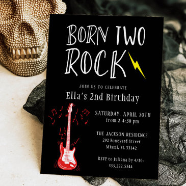 black and white born two rock guitar 2nd birthday invitation
