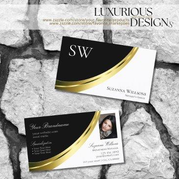 black and white gold decor with monogram & photo business invitations