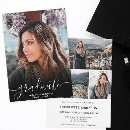 Small Black And White Graduate Script Photo Graduation Invitation Front View