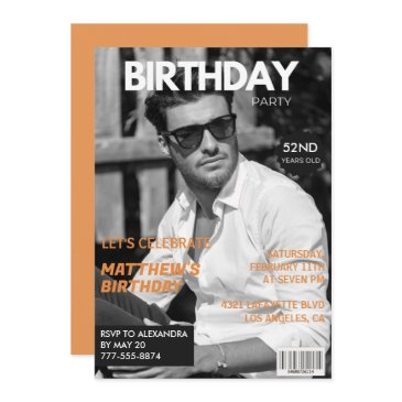 black and white magazine editorial 52nd birthday invitation