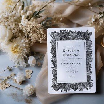 black and white roses gothic wedding invitation
