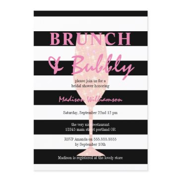 black and white stripe with pink glitter champagne invitation