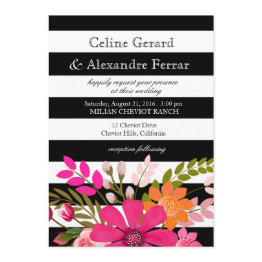 Small Black And White Striped Flowers Wedding Fuchsia Invitation Front View