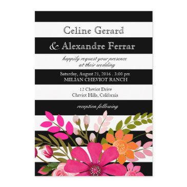 black and white striped flowers wedding fuchsia invitation