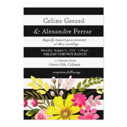 Small Black And White Striped Flowers Wedding Yellow Invitation Front View