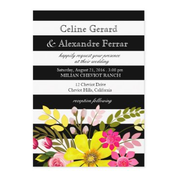 black and white striped flowers wedding yellow invitation