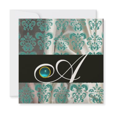 black blue silk damask monogram aquamarine gold invitation