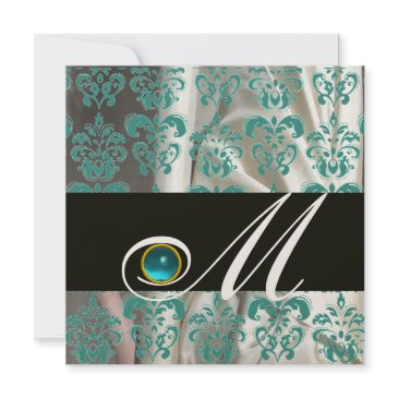 black blue silk damask monogram aquamarine invitation