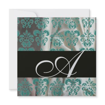 black blue silver silk damask cloth monogram invitation