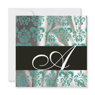 black blue white silk damask cloth monogram invitation