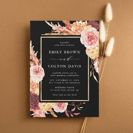 Small Black Boho Burgundy Terracotta Floral Wedding Invitation Front View