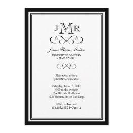 Small Black Border Frame Classy Monogram Graduation Invitation Front View