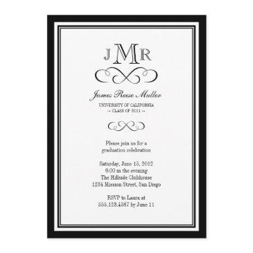 black border frame classy monogram graduation invitation