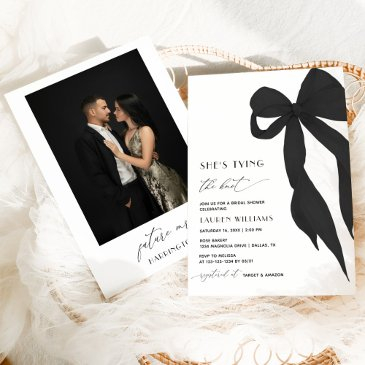 black bow she's tying the knot photo bridal shower invitation