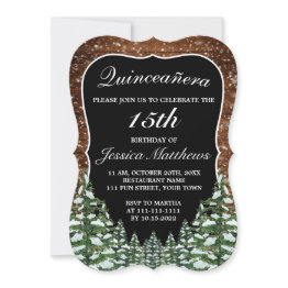 Small Black Bracket Snowy Forest Pine Tiara Quinceañera Invitation Front View