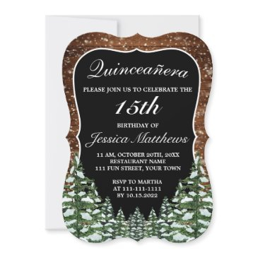 black bracket snowy forest pine tiara quinceañera invitation