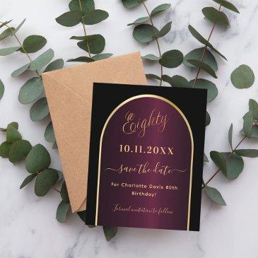 black burgundy 80th birthday save the date invitations
