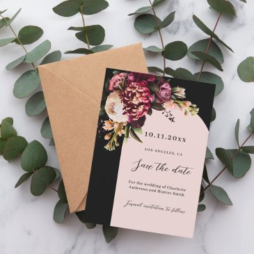 black burgundy pink moody arch wedding save the date