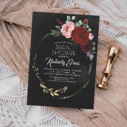 Small Black Burgundy Red And Gold Floral Bridal Shower Invitation Front View