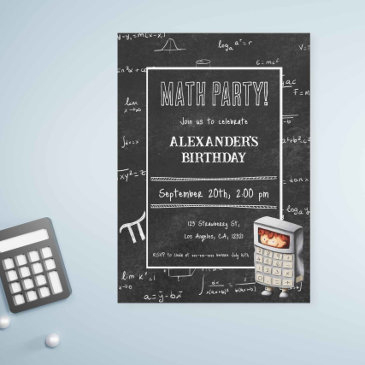 black chalkboard math formulas calculator birthday invitation